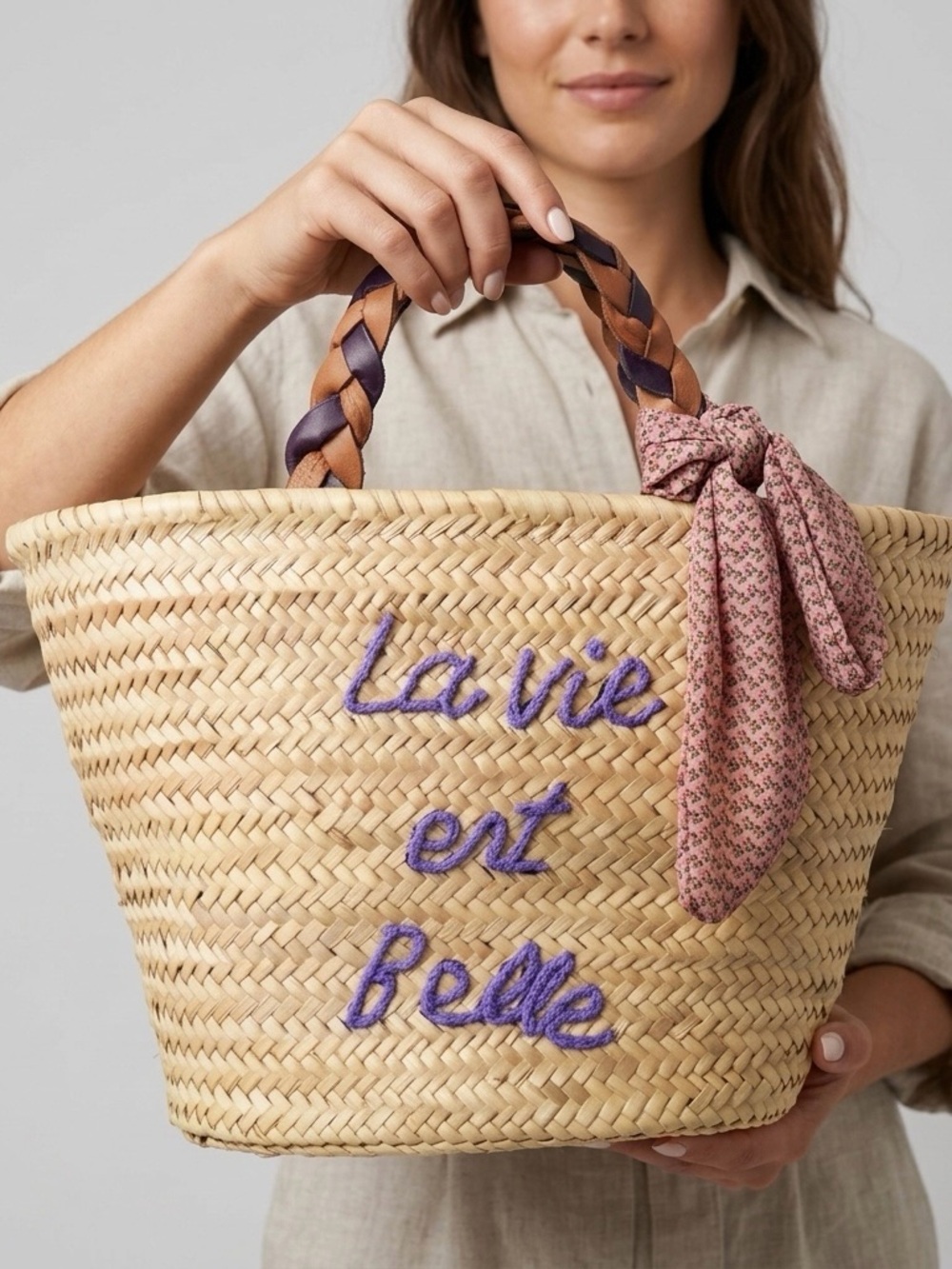 La Vie Est Belle Straw French Market Tote with Braided Leather Handles & Scarf